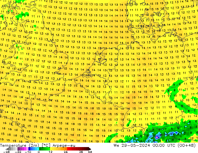 Temperatuurkaart (2m) Arpege-eu wo 29.05.2024 00 UTC