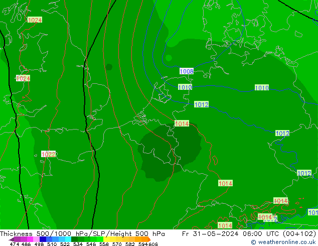 Schichtdicke 500-1000 hPa Arpege-eu Fr 31.05.2024 06 UTC