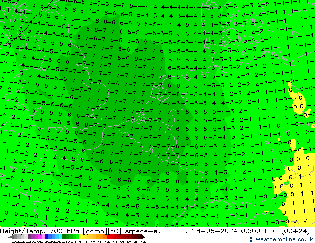 Height/Temp. 700 hPa Arpege-eu Tu 28.05.2024 00 UTC