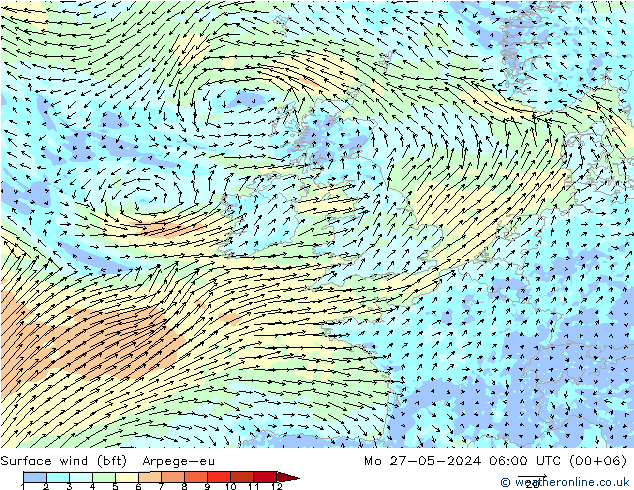 Surface wind (bft) Arpege-eu Mo 27.05.2024 06 UTC