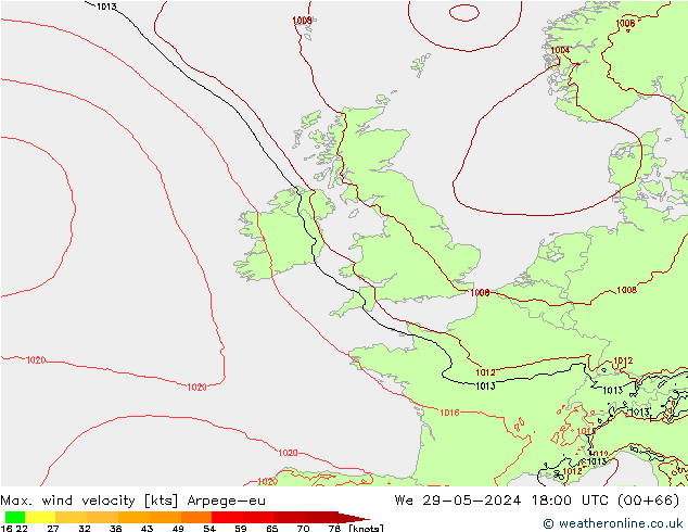 Max. wind velocity Arpege-eu St 29.05.2024 18 UTC