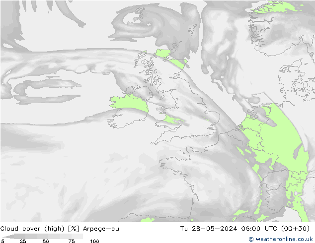 Cloud cover (high) Arpege-eu Tu 28.05.2024 06 UTC