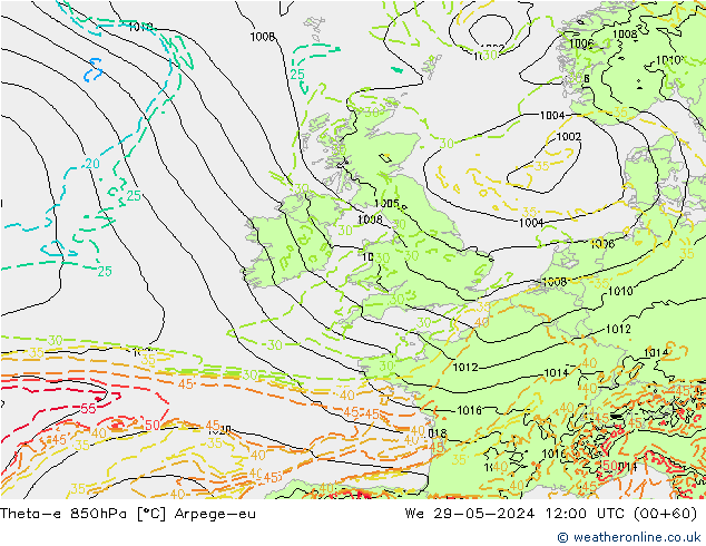 Theta-e 850hPa Arpege-eu St 29.05.2024 12 UTC