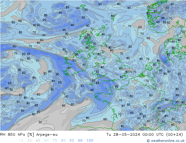 RH 850 hPa Arpege-eu Tu 28.05.2024 00 UTC