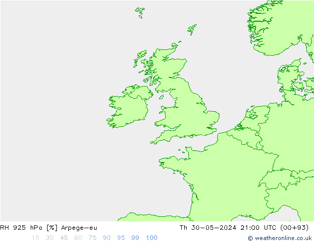 Humidité rel. 925 hPa Arpege-eu jeu 30.05.2024 21 UTC