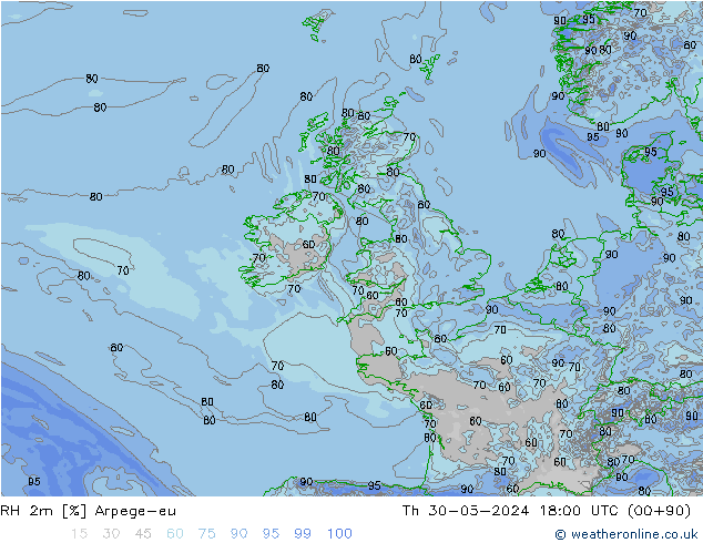 RH 2m Arpege-eu gio 30.05.2024 18 UTC