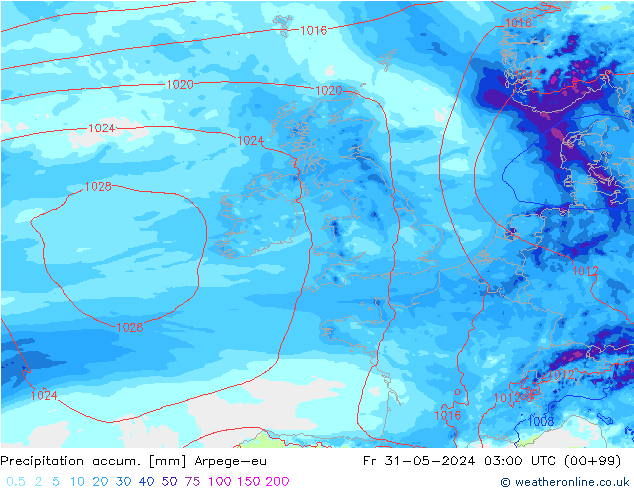 Precipitation accum. Arpege-eu Fr 31.05.2024 03 UTC
