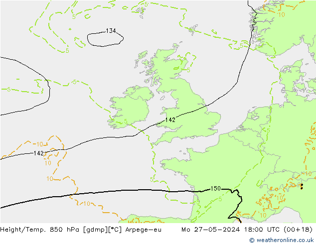 Height/Temp. 850 hPa Arpege-eu Mo 27.05.2024 18 UTC