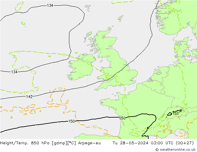 Height/Temp. 850 hPa Arpege-eu Tu 28.05.2024 03 UTC