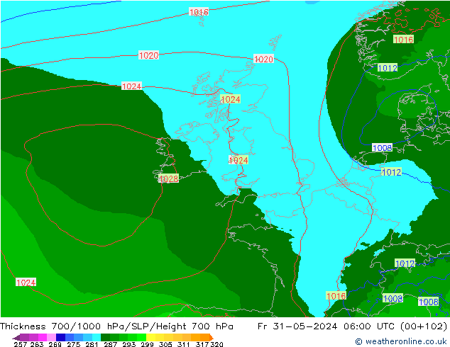 Thck 700-1000 hPa Arpege-eu ven 31.05.2024 06 UTC