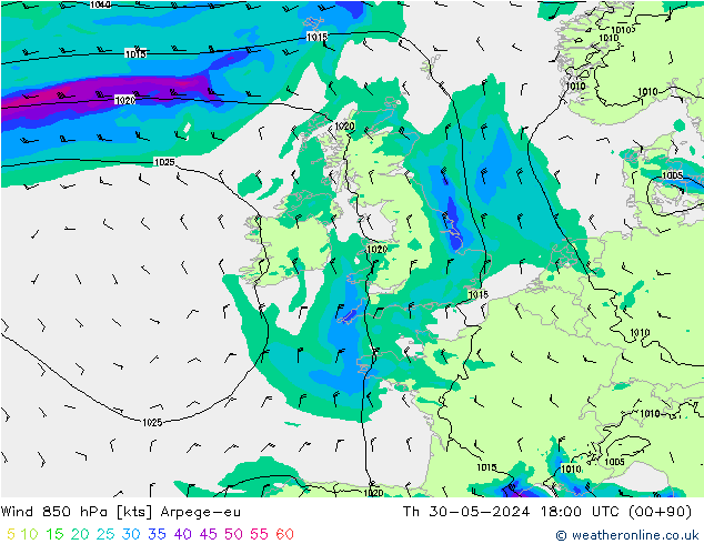 Vento 850 hPa Arpege-eu Qui 30.05.2024 18 UTC