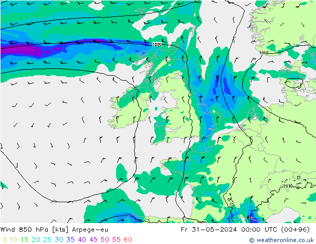 Wind 850 hPa Arpege-eu vr 31.05.2024 00 UTC