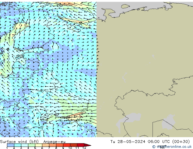 Viento 10 m (bft) Arpege-eu mar 28.05.2024 06 UTC