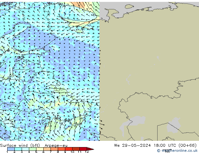 Wind 10 m (bft) Arpege-eu wo 29.05.2024 18 UTC