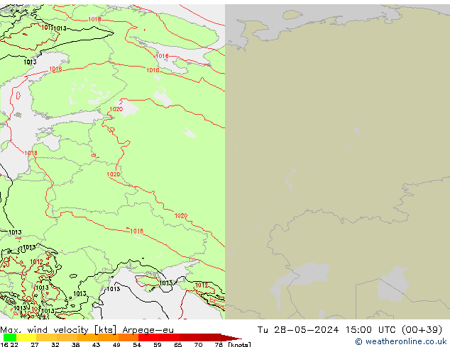 Max. wind velocity Arpege-eu wto. 28.05.2024 15 UTC