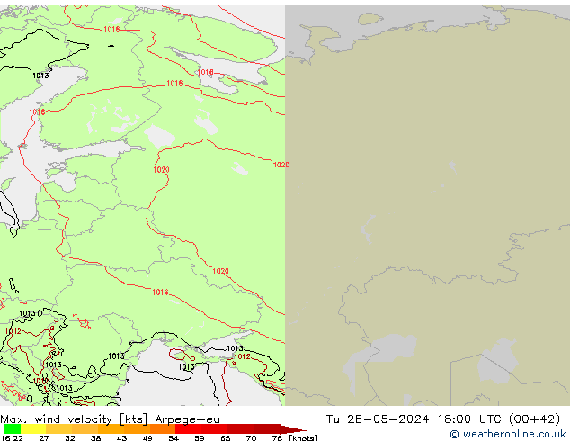 Max. wind velocity Arpege-eu Tu 28.05.2024 18 UTC