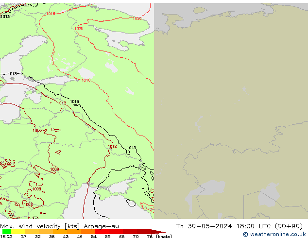 Max. wind velocity Arpege-eu Qui 30.05.2024 18 UTC