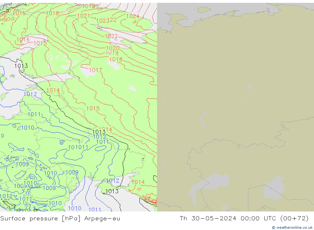 Atmosférický tlak Arpege-eu Čt 30.05.2024 00 UTC