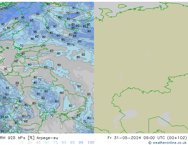 Humidité rel. 925 hPa Arpege-eu ven 31.05.2024 06 UTC