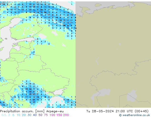 Totale neerslag Arpege-eu di 28.05.2024 21 UTC