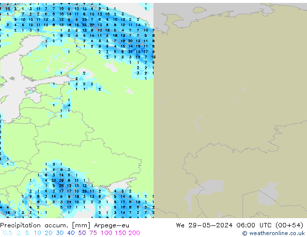 Precipitation accum. Arpege-eu śro. 29.05.2024 06 UTC