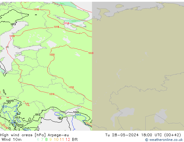 High wind areas Arpege-eu Tu 28.05.2024 18 UTC