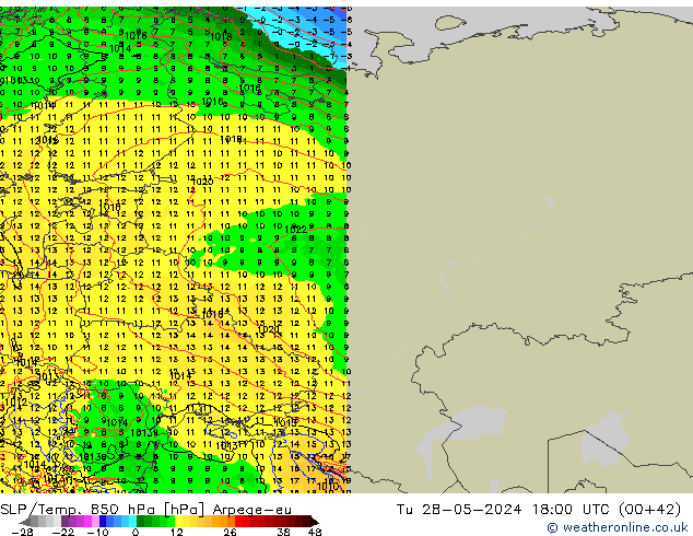 SLP/Temp. 850 hPa Arpege-eu Tu 28.05.2024 18 UTC