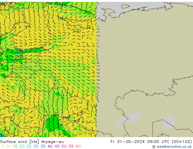 Viento 10 m Arpege-eu vie 31.05.2024 06 UTC