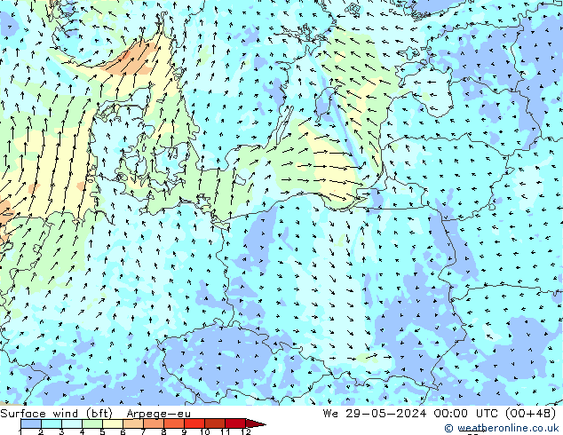 Bodenwind (bft) Arpege-eu Mi 29.05.2024 00 UTC