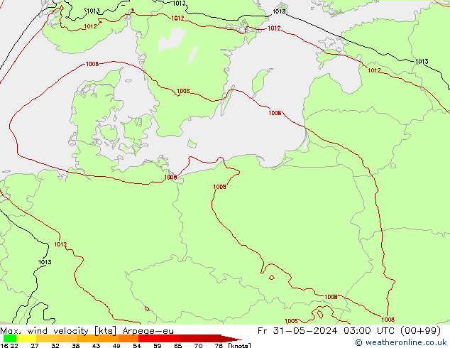 Max. wind velocity Arpege-eu ven 31.05.2024 03 UTC