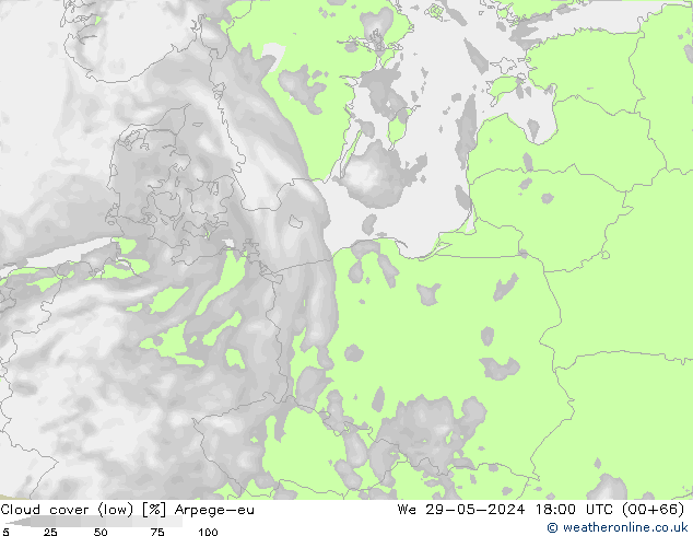 Cloud cover (low) Arpege-eu We 29.05.2024 18 UTC