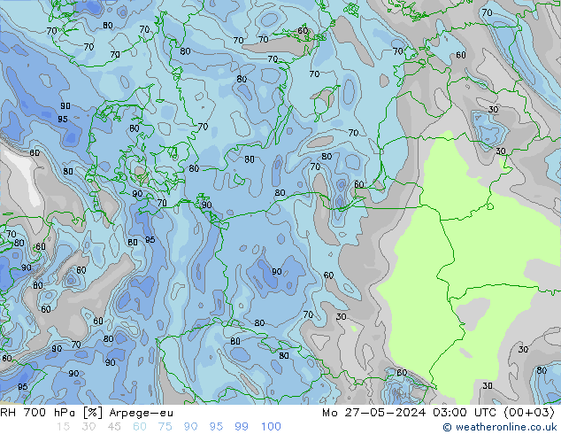 Humidité rel. 700 hPa Arpege-eu lun 27.05.2024 03 UTC