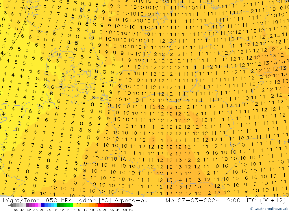 Height/Temp. 850 hPa Arpege-eu Mo 27.05.2024 12 UTC