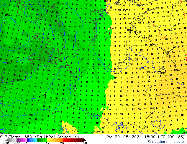 SLP/Temp. 850 hPa Arpege-eu We 29.05.2024 18 UTC