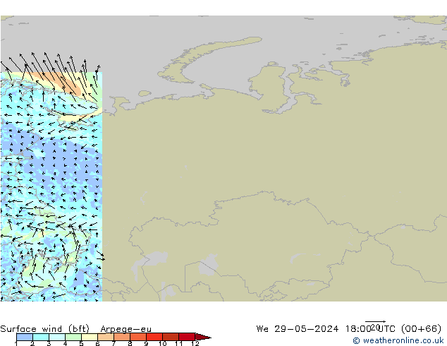 Vento 10 m (bft) Arpege-eu Qua 29.05.2024 18 UTC