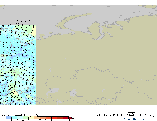 Surface wind (bft) Arpege-eu Th 30.05.2024 12 UTC