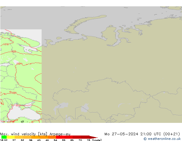 Max. wind velocity Arpege-eu Mo 27.05.2024 21 UTC