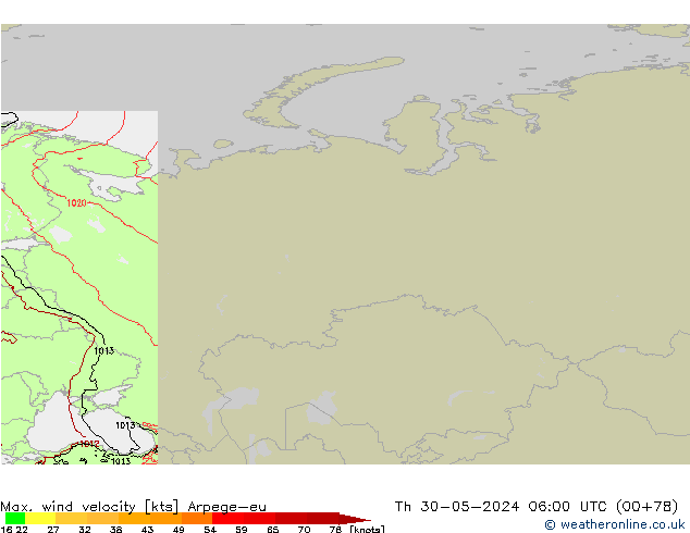 Max. wind velocity Arpege-eu jue 30.05.2024 06 UTC