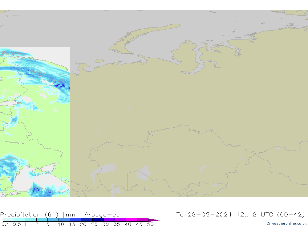 Precipitation (6h) Arpege-eu Tu 28.05.2024 18 UTC