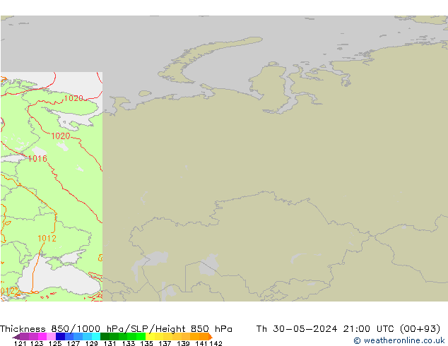 Thck 850-1000 hPa Arpege-eu gio 30.05.2024 21 UTC