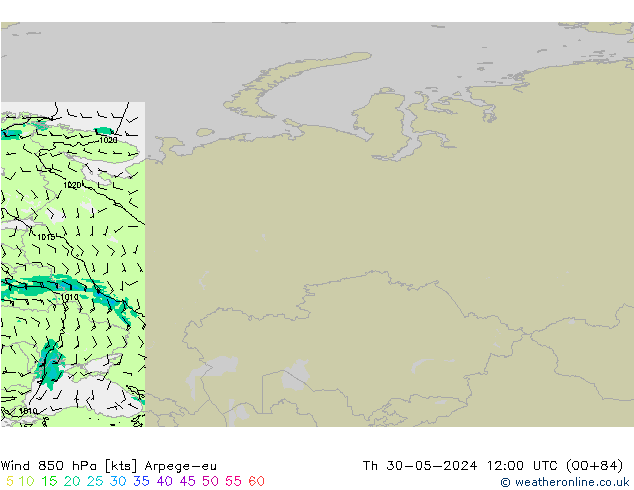 Vent 850 hPa Arpege-eu jeu 30.05.2024 12 UTC