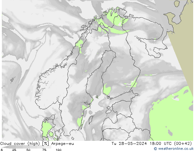 Cloud cover (high) Arpege-eu Tu 28.05.2024 18 UTC