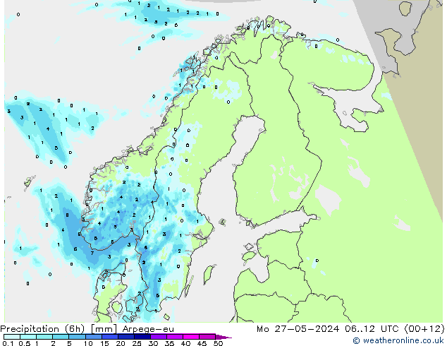 Precipitation (6h) Arpege-eu Mo 27.05.2024 12 UTC