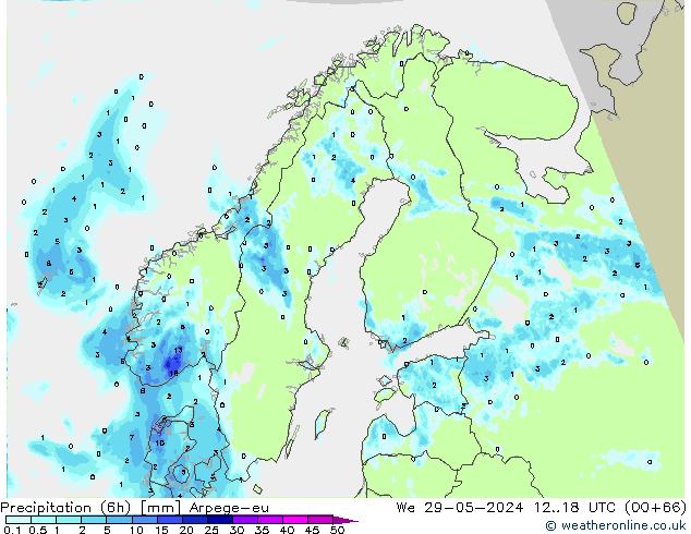 Totale neerslag (6h) Arpege-eu wo 29.05.2024 18 UTC