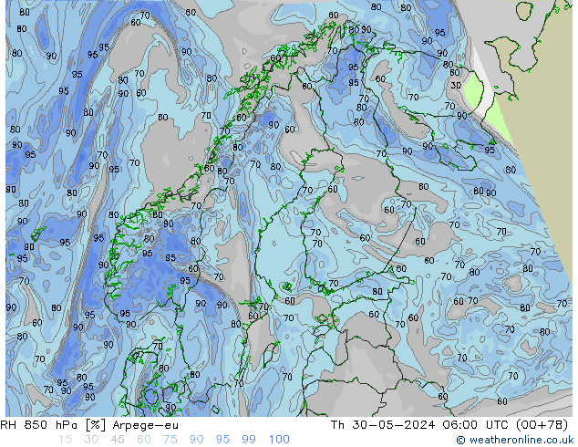 Humidité rel. 850 hPa Arpege-eu jeu 30.05.2024 06 UTC