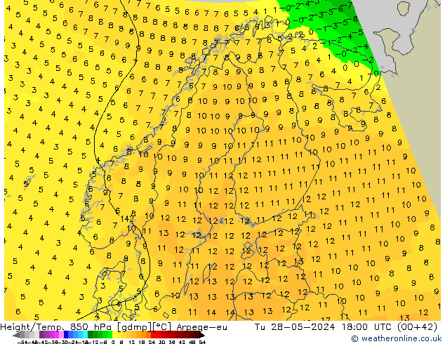 Height/Temp. 850 hPa Arpege-eu Tu 28.05.2024 18 UTC