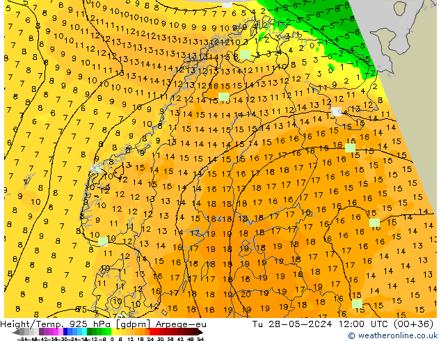 Geop./Temp. 925 hPa Arpege-eu mar 28.05.2024 12 UTC