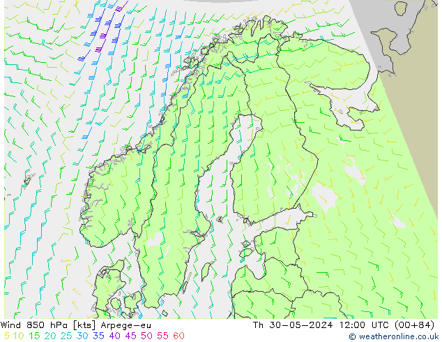 Viento 850 hPa Arpege-eu jue 30.05.2024 12 UTC