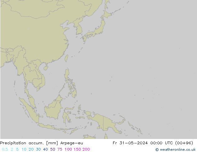 Totale neerslag Arpege-eu vr 31.05.2024 00 UTC