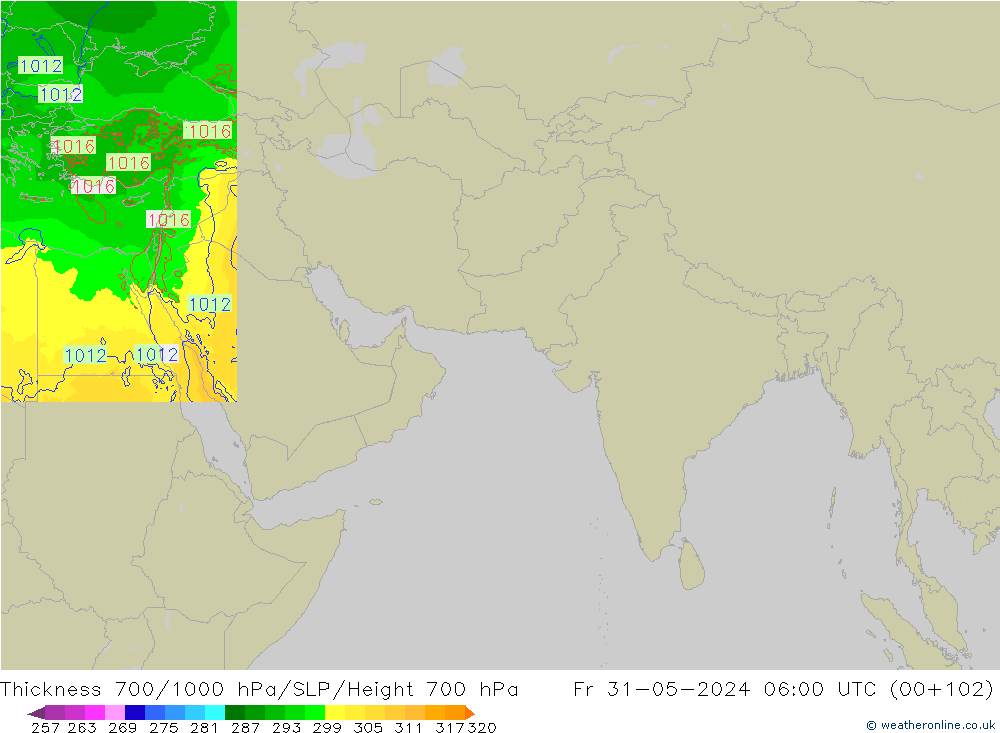 700-1000 hPa Kalınlığı Arpege-eu Cu 31.05.2024 06 UTC